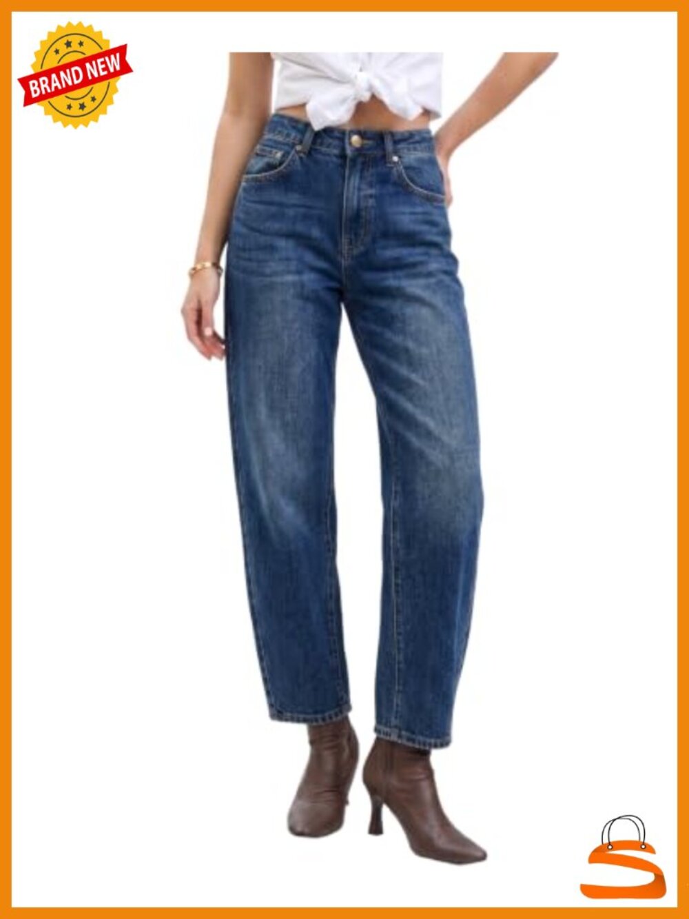 Women's Mid High Waisted Baggy Stretchy Balloon Barrel Jeans Vintage Wash Wide